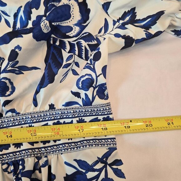 LAI MENG FIVE CATS Women Button Up Short Puff Sleeve Mini Dress Sz: XL Blue/Wht - Picture 13 of 15